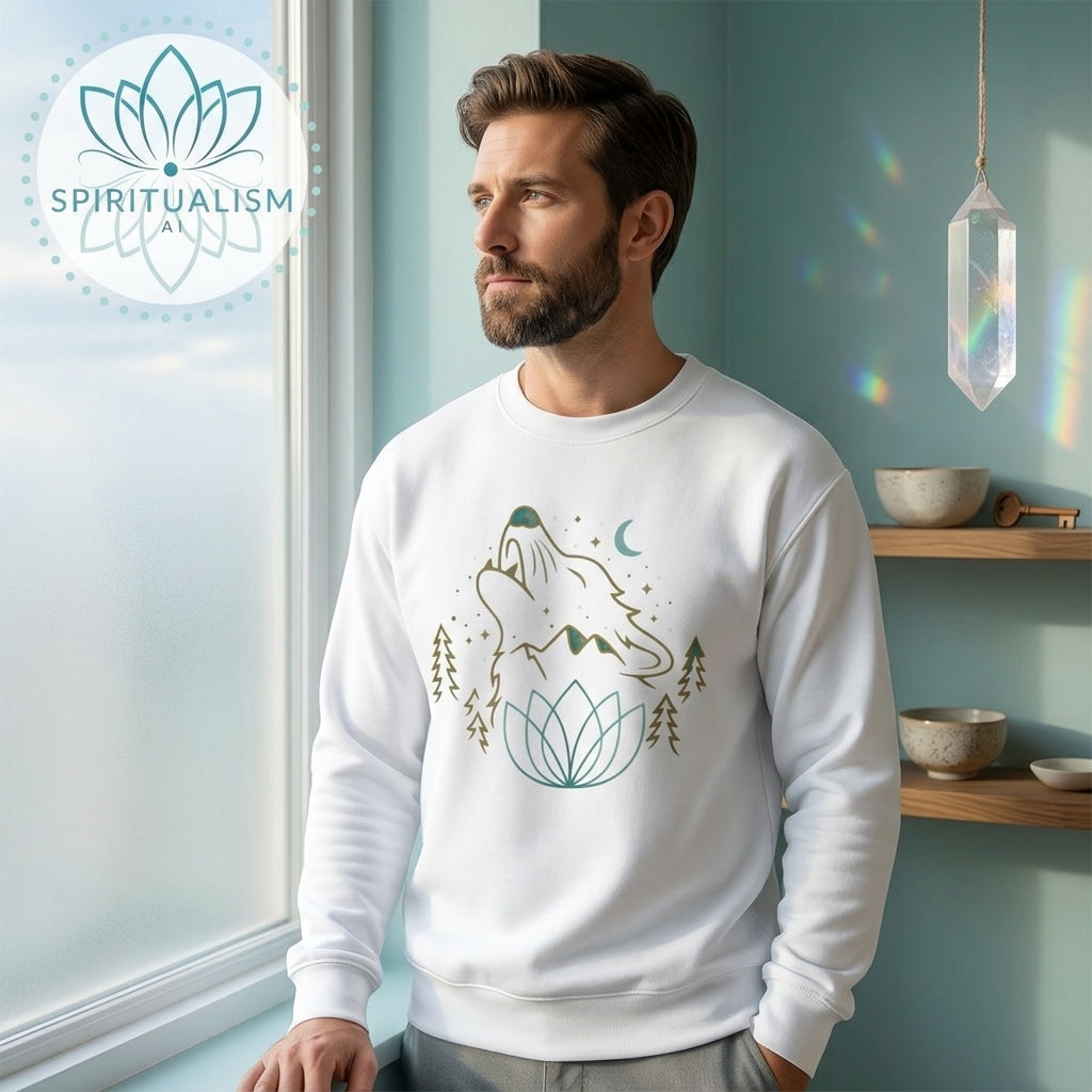 Celestial Wolf Crewneck | Moon Wolf Graphic Pullover | Spiritualism AI