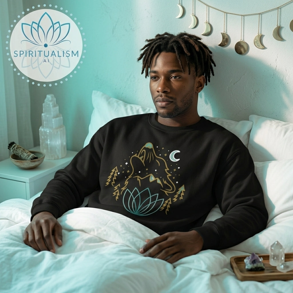 Celestial Wolf Crewneck | Moon Wolf Graphic Pullover | Spiritualism AI