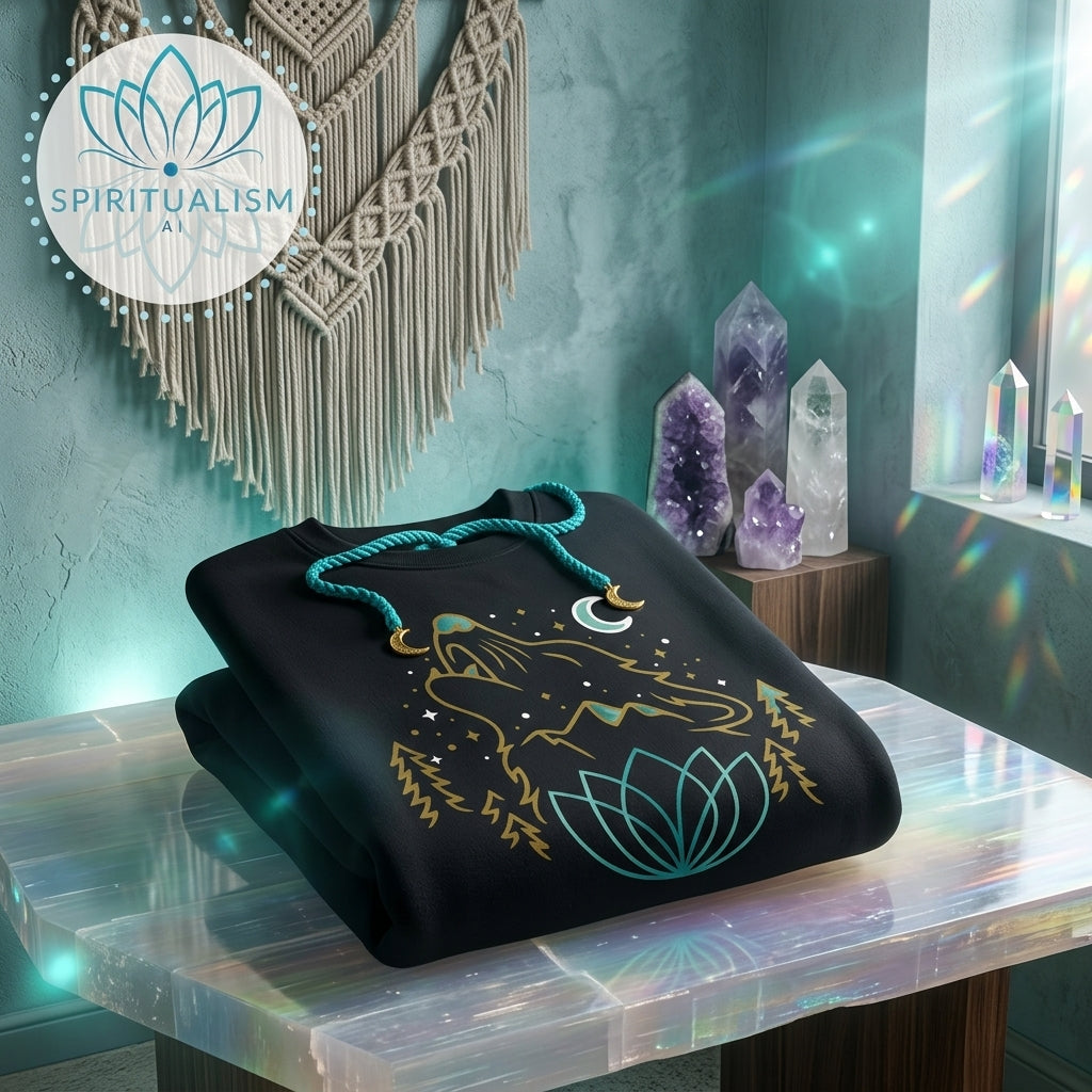 Celestial Wolf Crewneck | Moon Wolf Graphic Pullover | Spiritualism AI