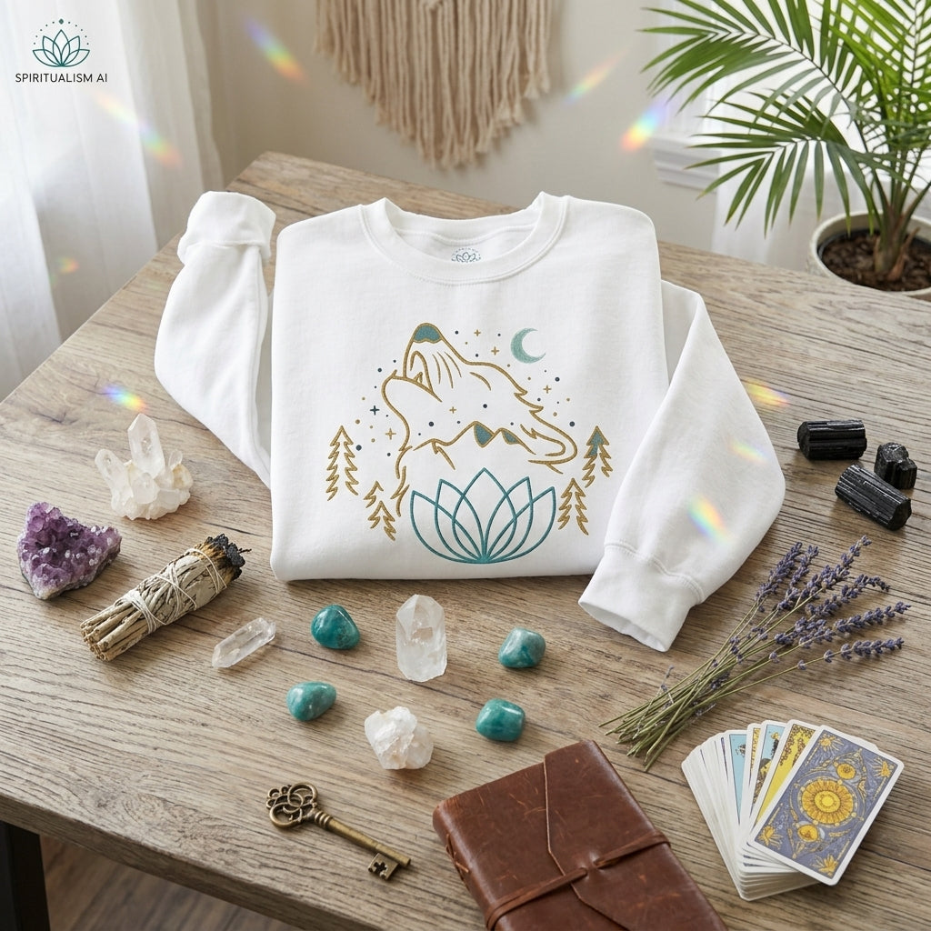 Celestial Wolf Crewneck | Moon Wolf Graphic Pullover | Spiritualism AI