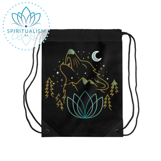 Celestial Wolf Drawstring Bag | Moon Wolf Gym Bag | Spiritualism AI