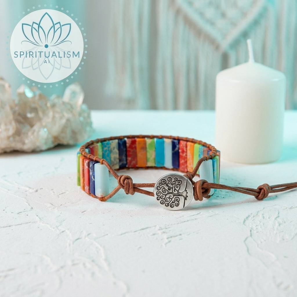 7 Chakra Imperial Jasper Bracelet | Natural Stone Leather Wrap | Spiritual Gift | Stardust Market
