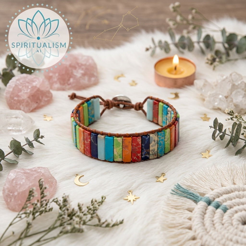 7 Chakra Imperial Jasper Bracelet | Natural Stone Leather Wrap | Spiritual Gift | Stardust Market