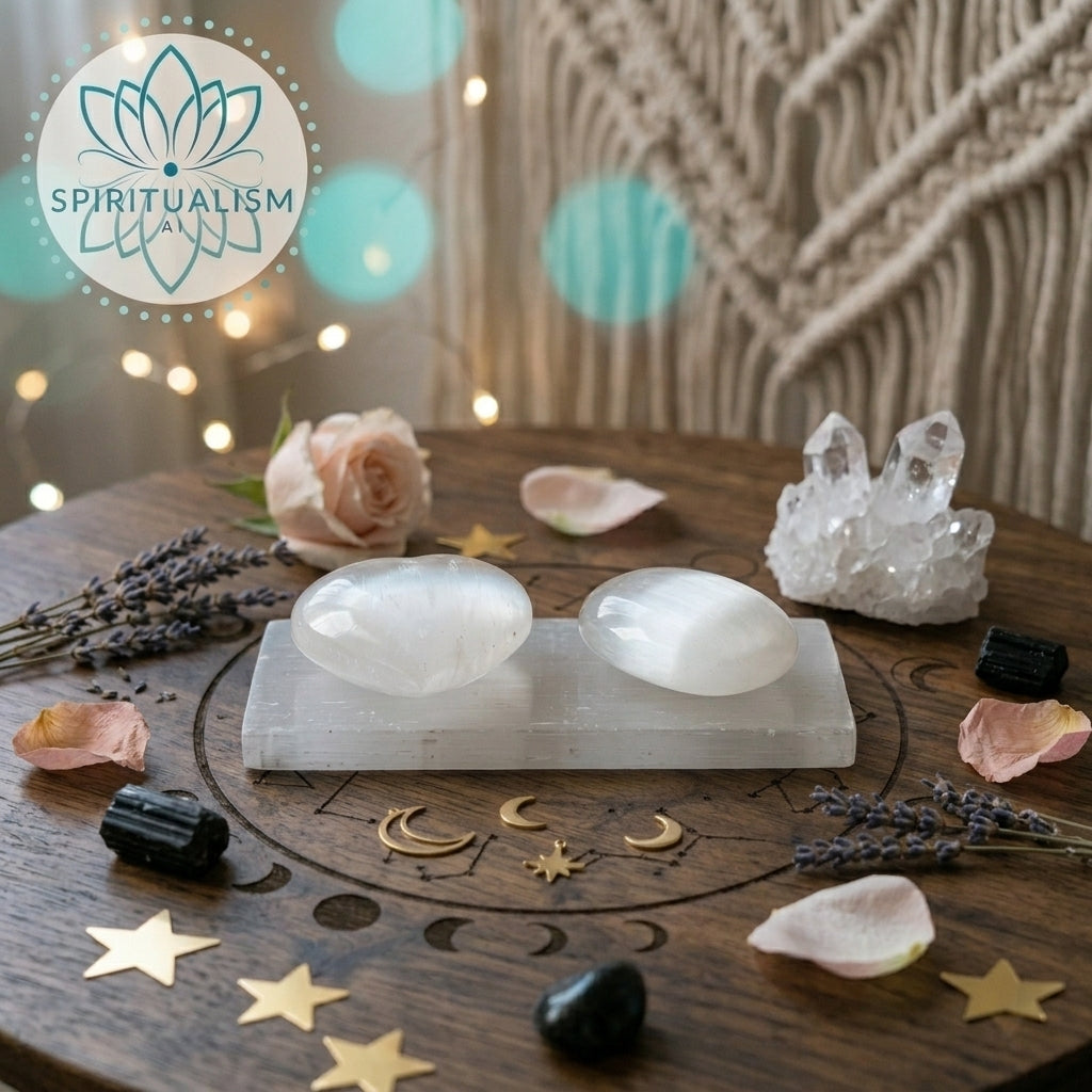 The Pure Heart Set | Selenite Palm Stone, Heart & Clear Quartz Cluster on Selenite Slab | Crystal Gift Set | Stardust Market