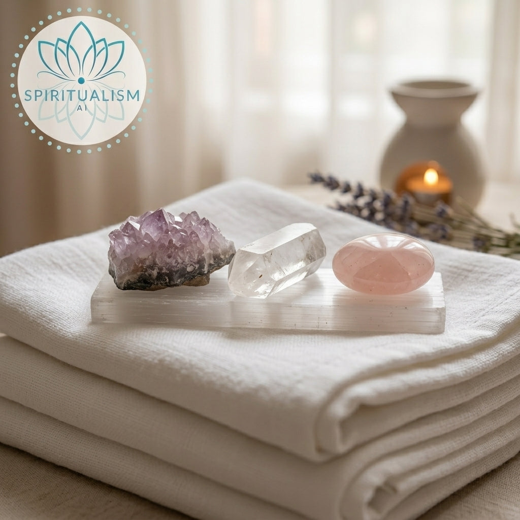 The Quiet Strength Set | Amethyst, Clear Quartz & Rose Quartz Palm Stone on Selenite Slab | Crystal Gift Set | Stardust Market