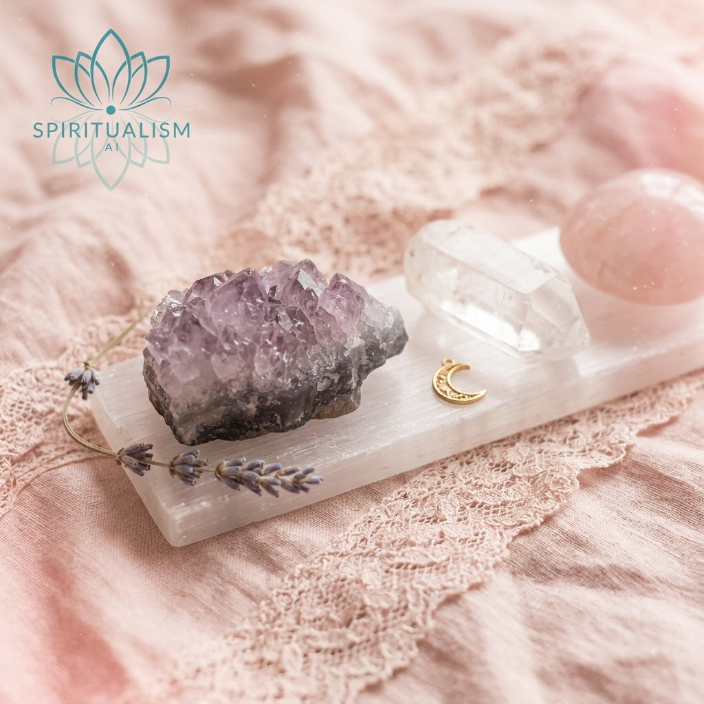 The Quiet Strength Set | Amethyst, Clear Quartz & Rose Quartz Palm Stone on Selenite Slab | Crystal Gift Set | Stardust Market