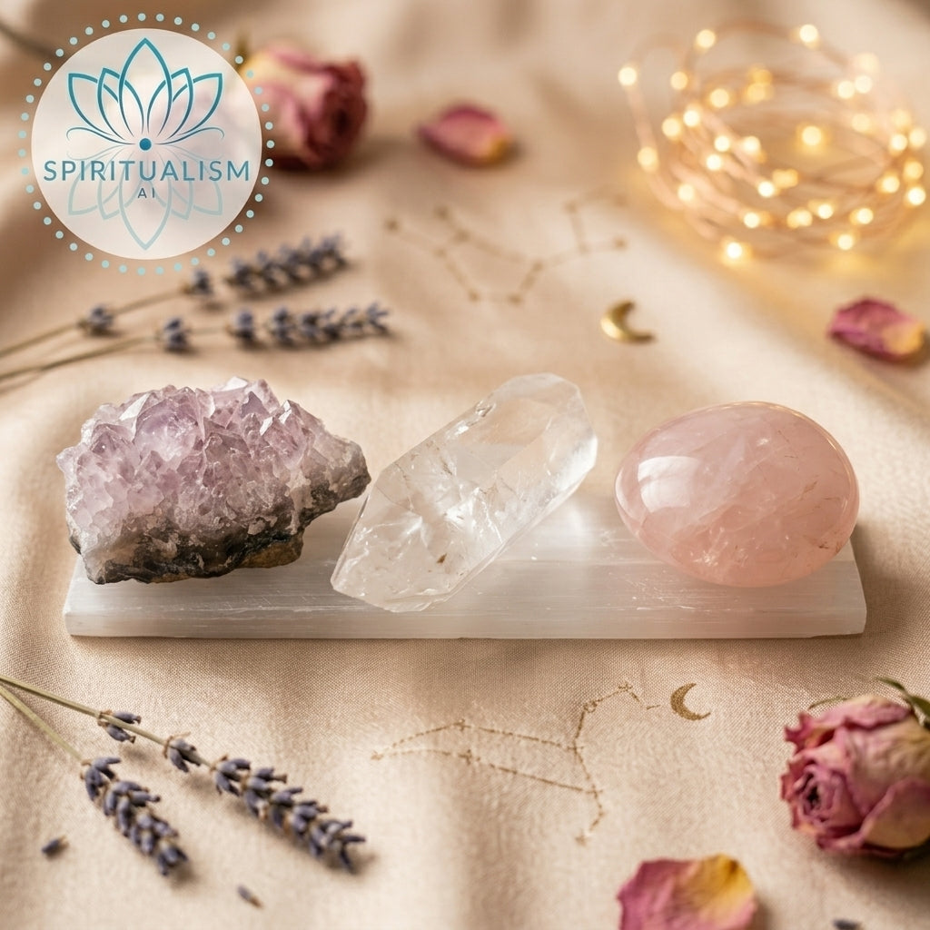 The Quiet Strength Set | Amethyst, Clear Quartz & Rose Quartz Palm Stone on Selenite Slab | Crystal Gift Set | Stardust Market