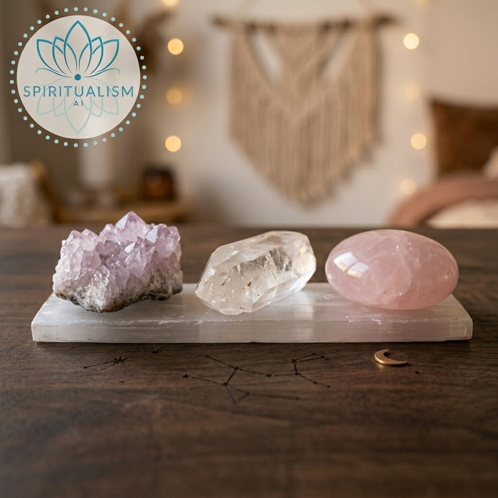 The Quiet Strength Set | Amethyst, Clear Quartz & Rose Quartz Palm Stone on Selenite Slab | Crystal Gift Set | Stardust Market