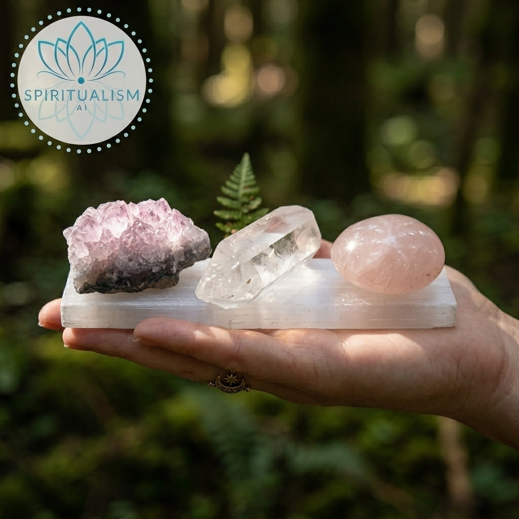 The Quiet Strength Set | Amethyst, Clear Quartz & Rose Quartz Palm Stone on Selenite Slab | Crystal Gift Set | Stardust Market