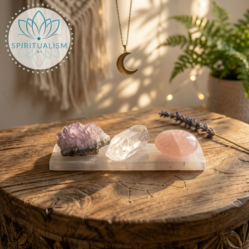 The Quiet Strength Set | Amethyst, Clear Quartz & Rose Quartz Palm Stone on Selenite Slab | Crystal Gift Set | Stardust Market