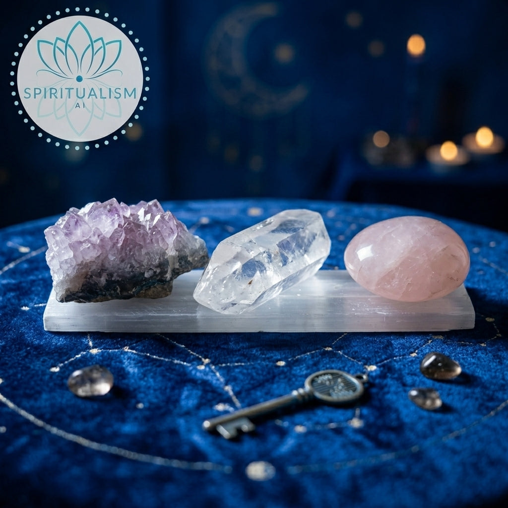 The Quiet Strength Set | Amethyst, Clear Quartz & Rose Quartz Palm Stone on Selenite Slab | Crystal Gift Set | Stardust Market