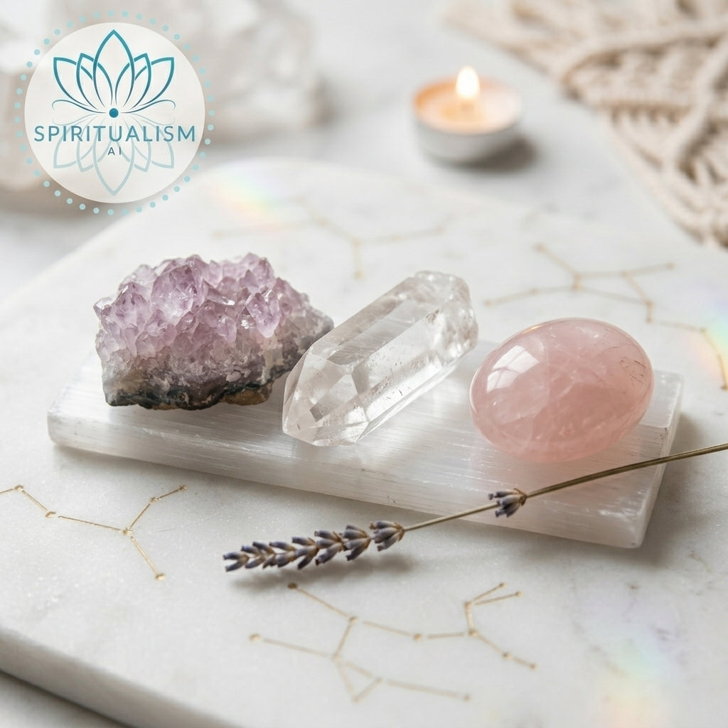 The Quiet Strength Set | Amethyst, Clear Quartz & Rose Quartz Palm Stone on Selenite Slab | Crystal Gift Set | Stardust Market