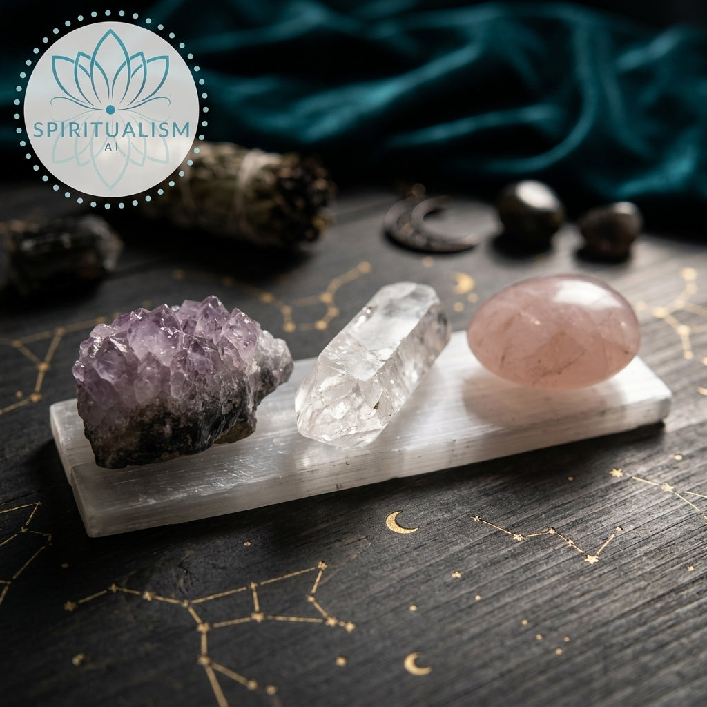 The Quiet Strength Set | Amethyst, Clear Quartz & Rose Quartz Palm Stone on Selenite Slab | Crystal Gift Set | Stardust Market
