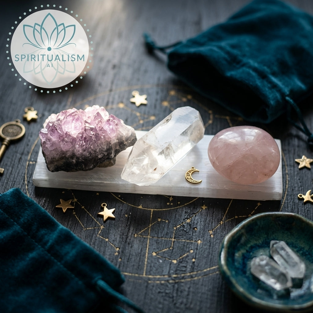 The Quiet Strength Set | Amethyst, Clear Quartz & Rose Quartz Palm Stone on Selenite Slab | Crystal Gift Set | Stardust Market