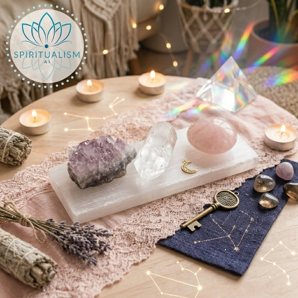 The Quiet Strength Set | Amethyst, Clear Quartz & Rose Quartz Palm Stone on Selenite Slab | Crystal Gift Set | Stardust Market