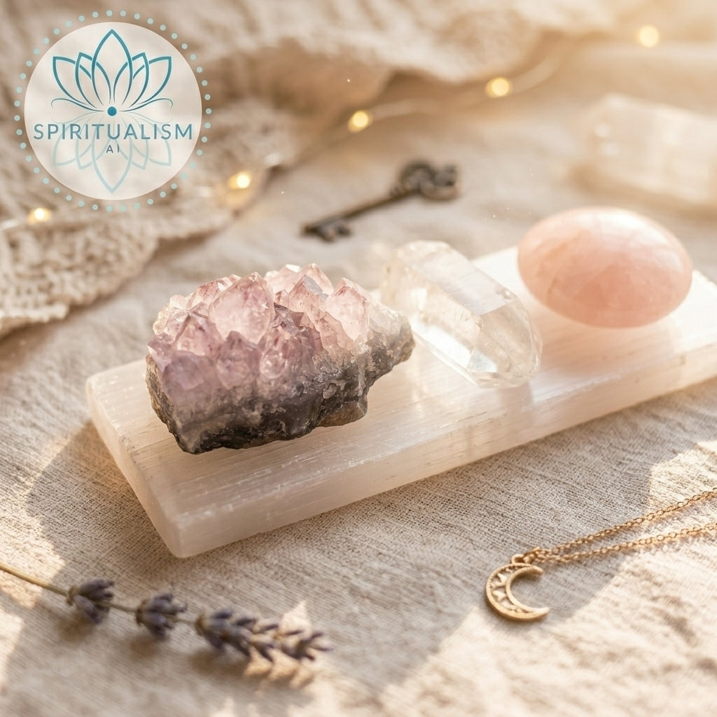 The Quiet Strength Set | Amethyst, Clear Quartz & Rose Quartz Palm Stone on Selenite Slab | Crystal Gift Set | Stardust Market