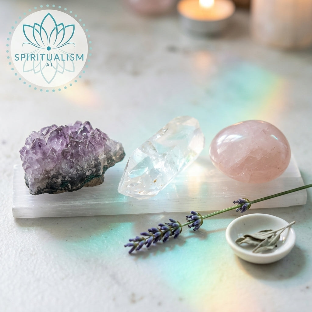 The Quiet Strength Set | Amethyst, Clear Quartz & Rose Quartz Palm Stone on Selenite Slab | Crystal Gift Set | Stardust Market