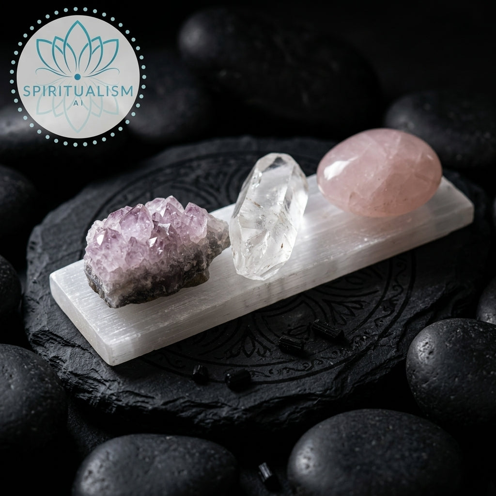 The Quiet Strength Set | Amethyst, Clear Quartz & Rose Quartz Palm Stone on Selenite Slab | Crystal Gift Set | Stardust Market