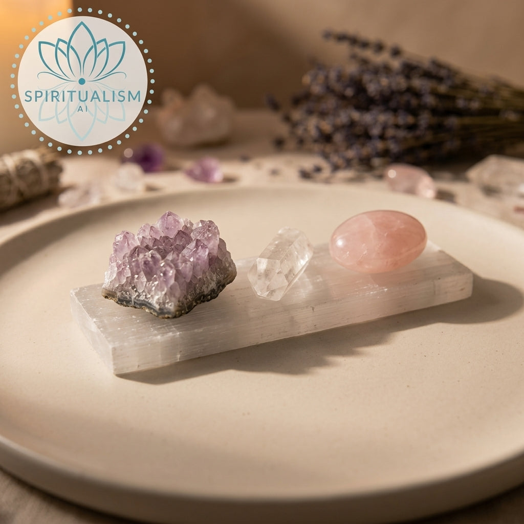 The Quiet Strength Set | Amethyst, Clear Quartz & Rose Quartz Palm Stone on Selenite Slab | Crystal Gift Set | Stardust Market