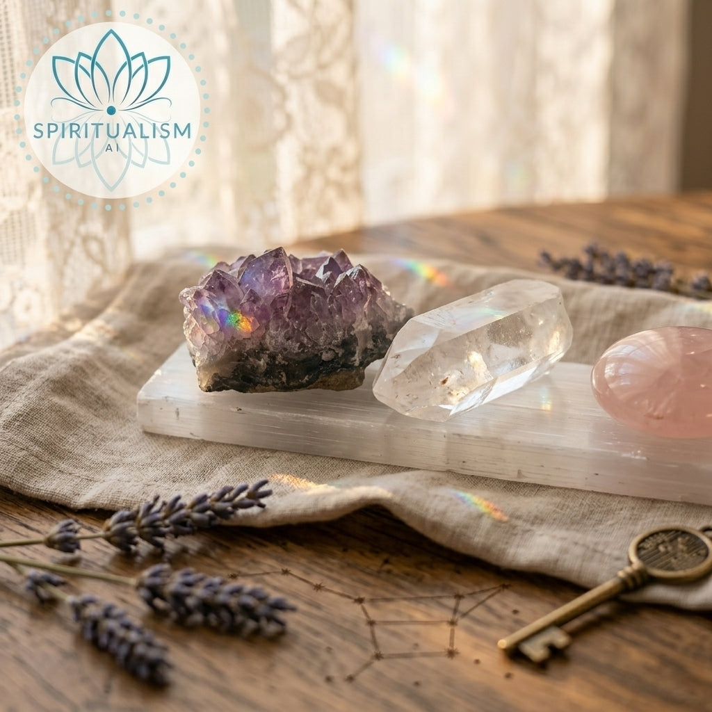 The Quiet Strength Set | Amethyst, Clear Quartz & Rose Quartz Palm Stone on Selenite Slab | Crystal Gift Set | Stardust Market