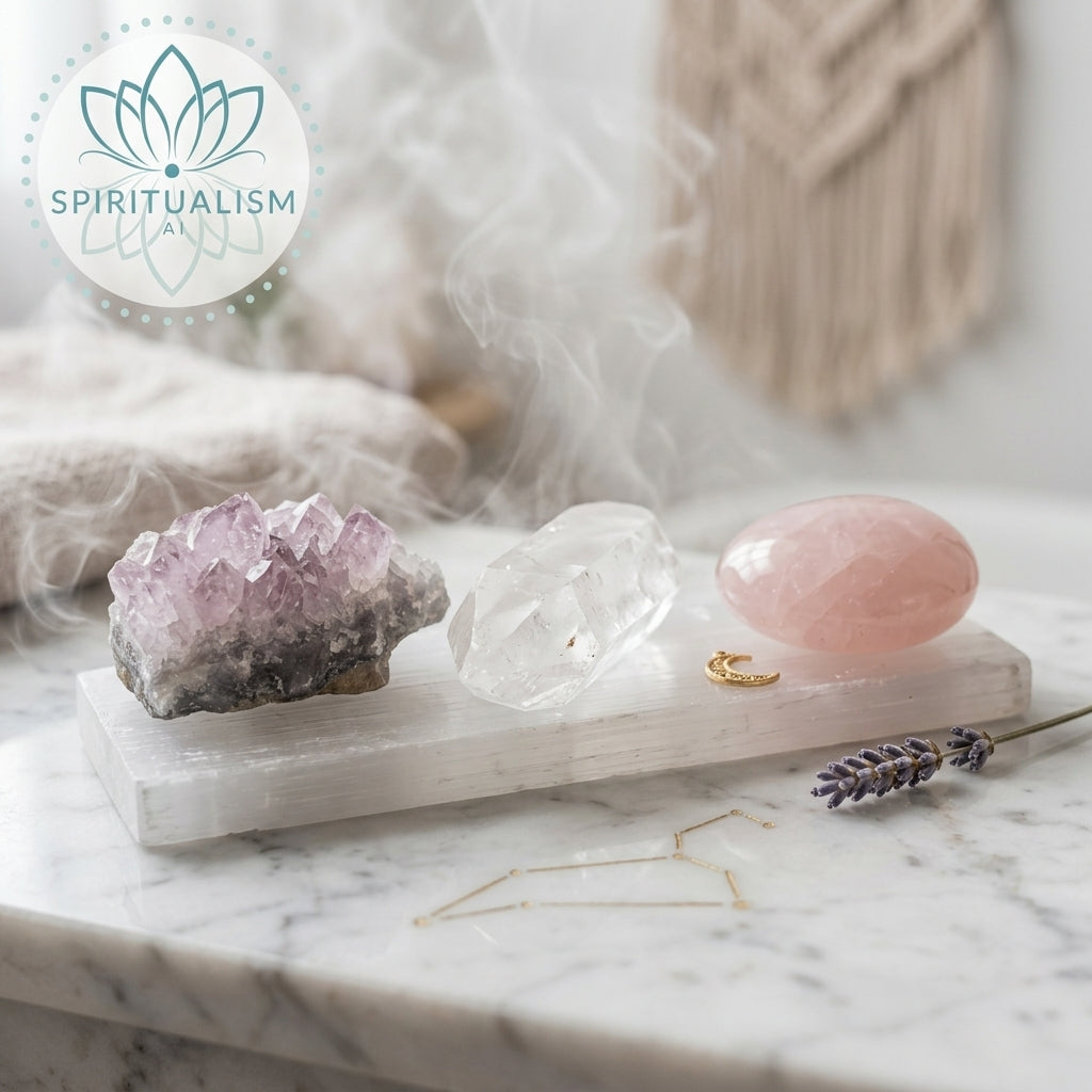 The Quiet Strength Set | Amethyst, Clear Quartz & Rose Quartz Palm Stone on Selenite Slab | Crystal Gift Set | Stardust Market