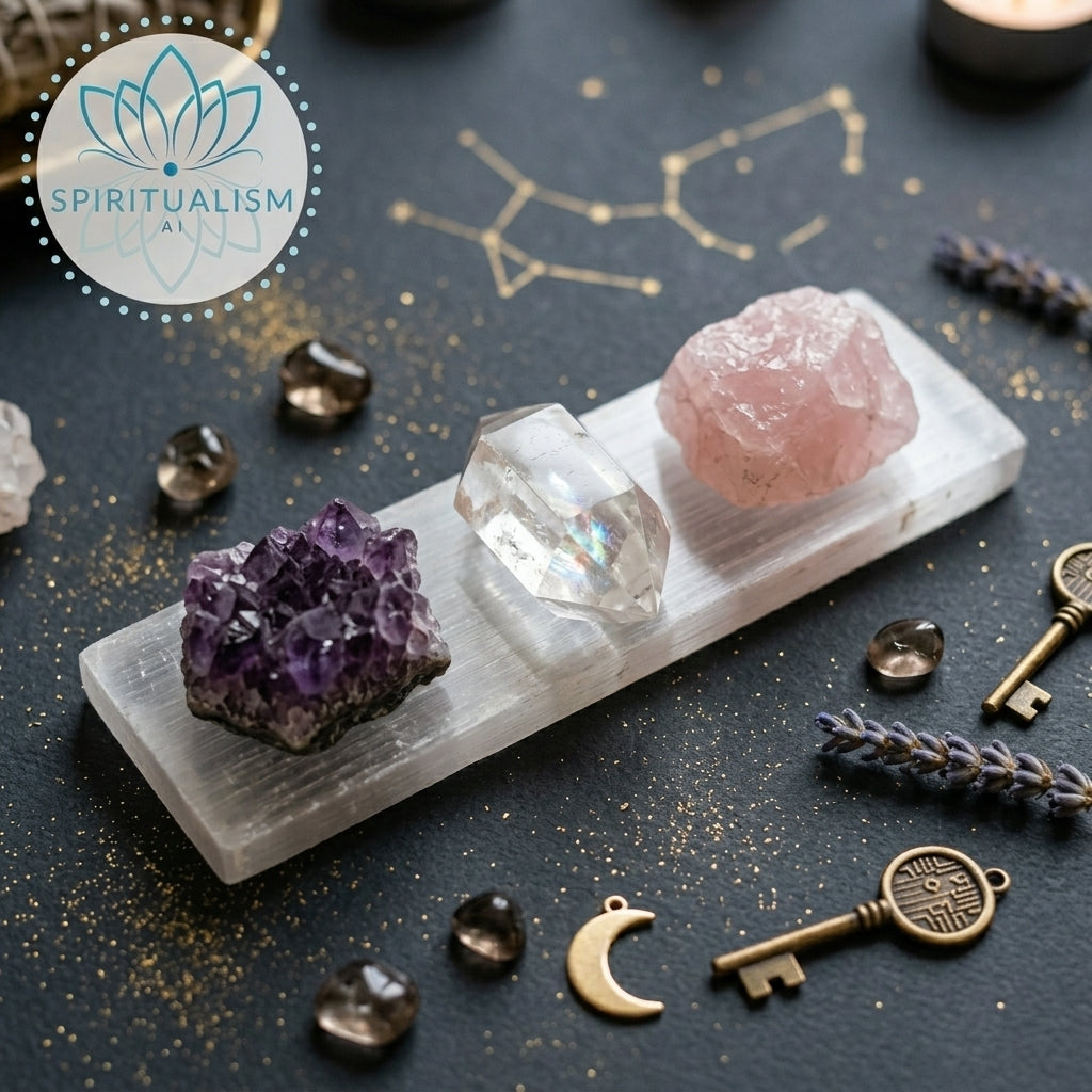 The Inner Light Set | Amethyst, Rose Quartz & Clear Quartz on Selenite Slab | Crystal Gift Set | Stardust Market