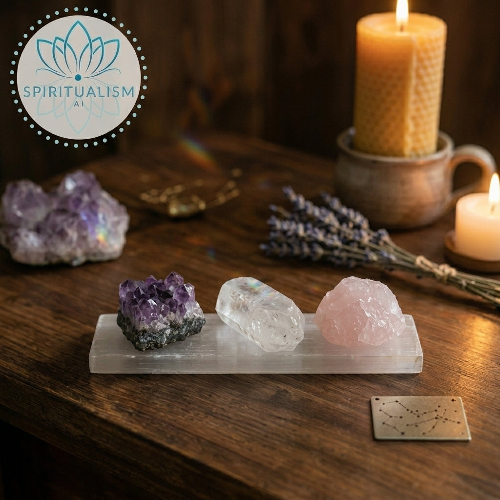 The Inner Light Set | Amethyst, Rose Quartz & Clear Quartz on Selenite Slab | Crystal Gift Set | Stardust Market
