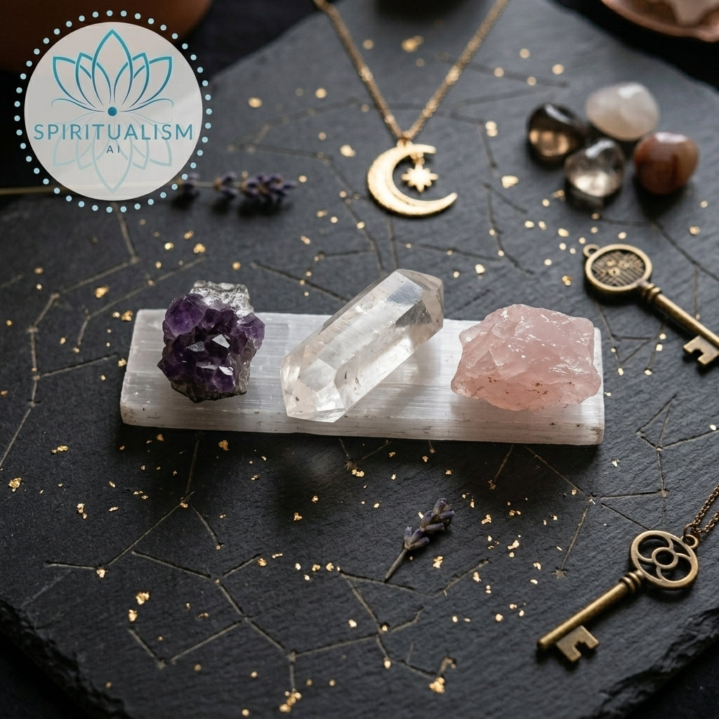 The Inner Light Set | Amethyst, Rose Quartz & Clear Quartz on Selenite Slab | Crystal Gift Set | Stardust Market