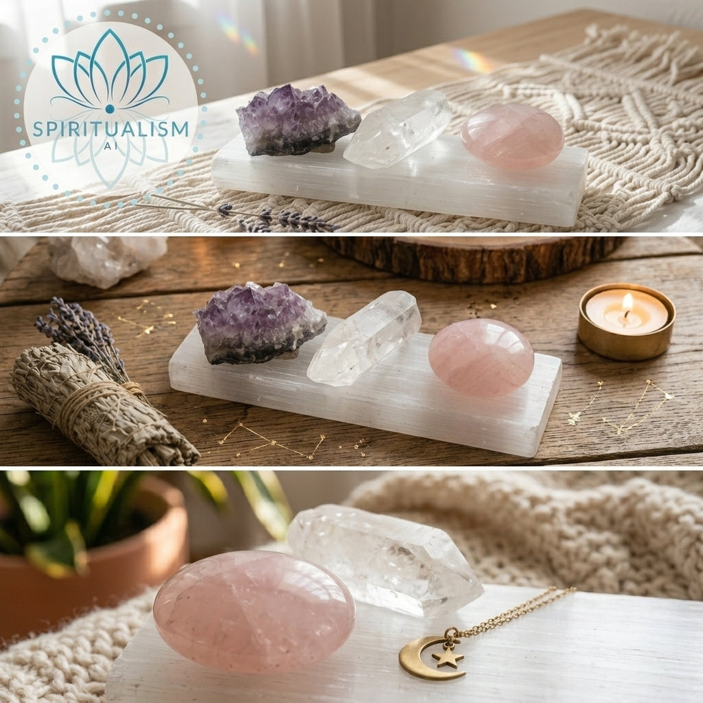The Foundation Set | Amethyst + Rose Quartz + Clear Quartz + Selenite Slab | Crystal Gift Set | Stardust Market