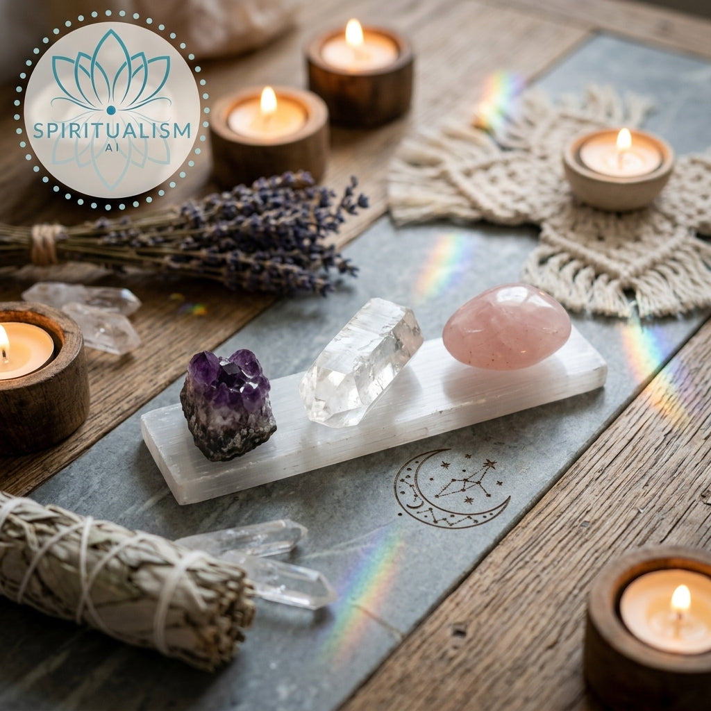The Inner Light Set | Amethyst, Rose Quartz & Clear Quartz on Selenite Slab | Crystal Gift Set | Stardust Market
