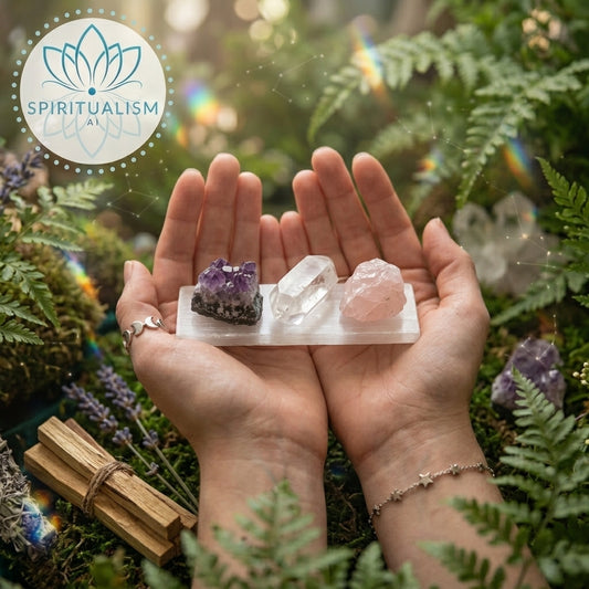 The Inner Light Set | Amethyst, Rose Quartz & Clear Quartz on Selenite Slab | Crystal Gift Set | Stardust Market