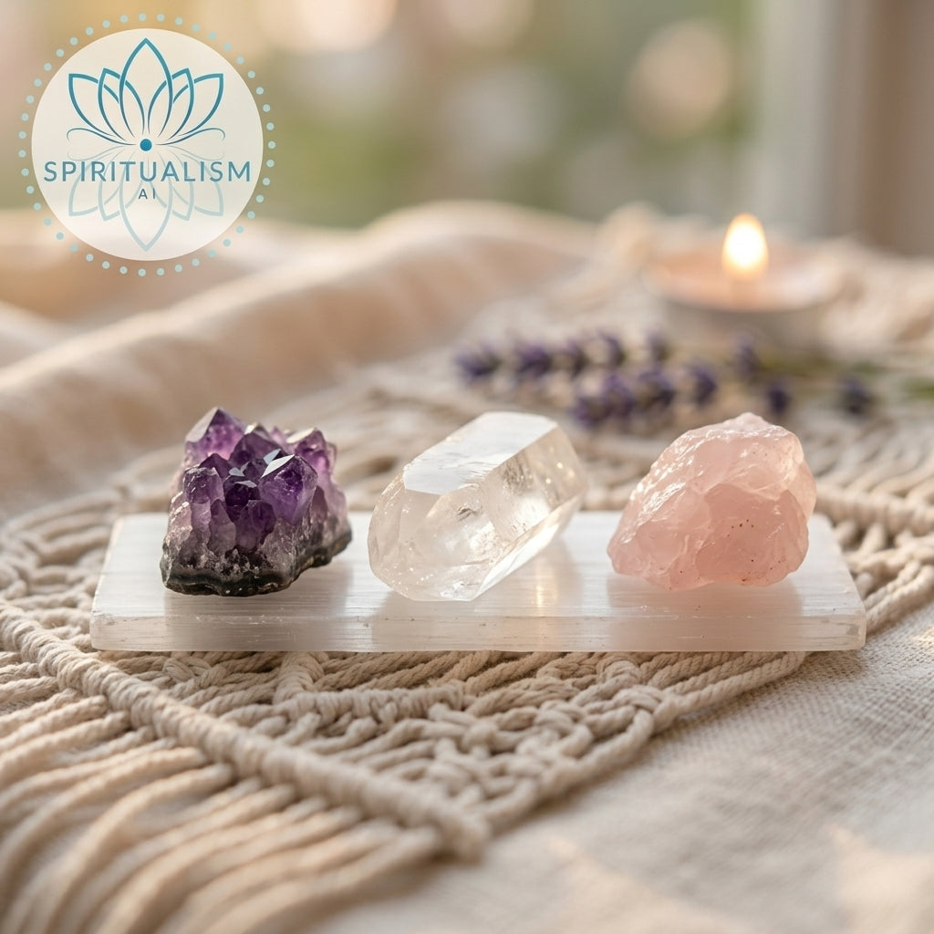 The Inner Light Set | Amethyst, Rose Quartz & Clear Quartz on Selenite Slab | Crystal Gift Set | Stardust Market