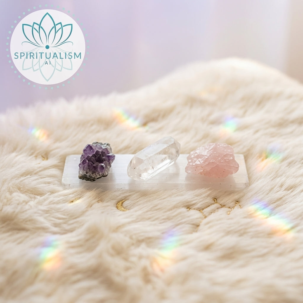The Inner Light Set | Amethyst, Rose Quartz & Clear Quartz on Selenite Slab | Crystal Gift Set | Stardust Market