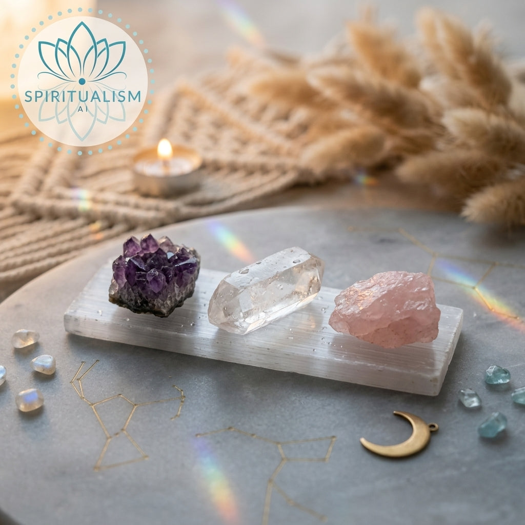 The Inner Light Set | Amethyst, Rose Quartz & Clear Quartz on Selenite Slab | Crystal Gift Set | Stardust Market