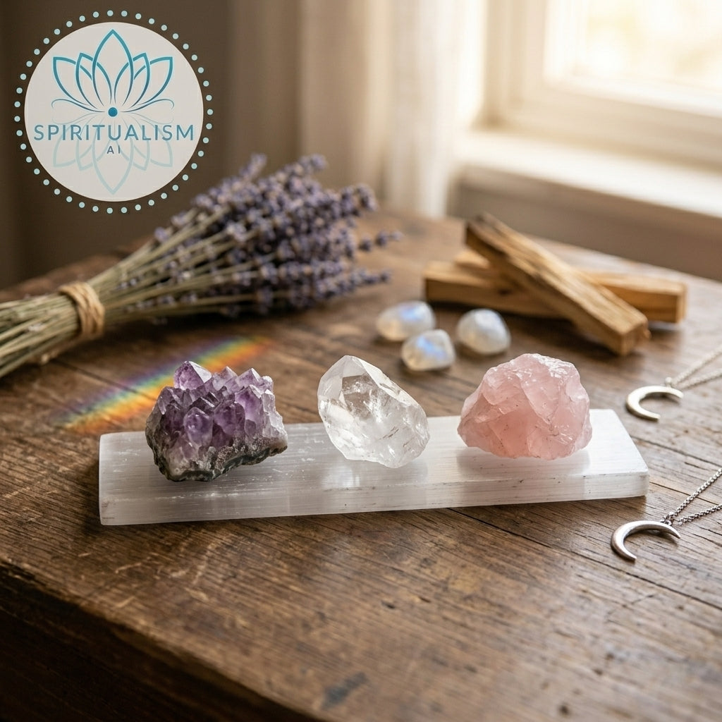 The Inner Light Set | Amethyst, Rose Quartz & Clear Quartz on Selenite Slab | Crystal Gift Set | Stardust Market