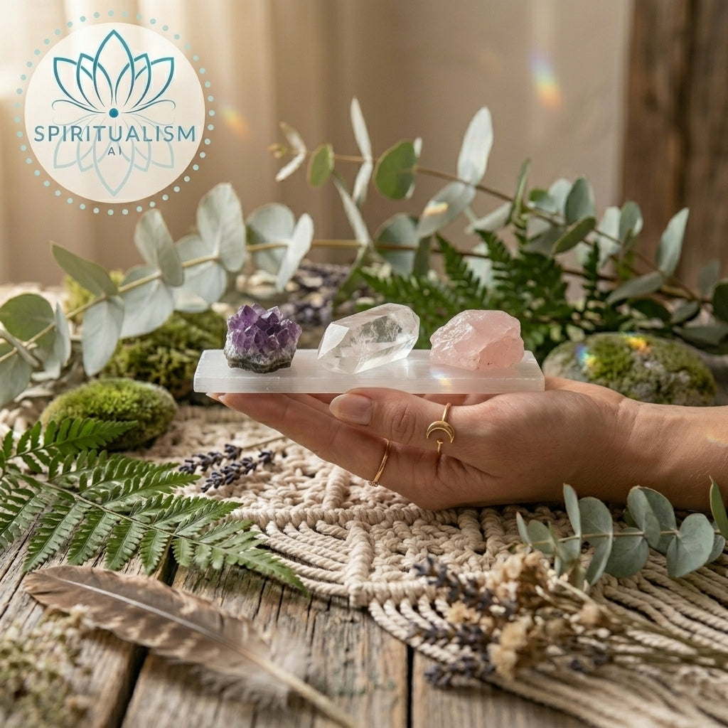 The Inner Light Set | Amethyst, Rose Quartz & Clear Quartz on Selenite Slab | Crystal Gift Set | Stardust Market