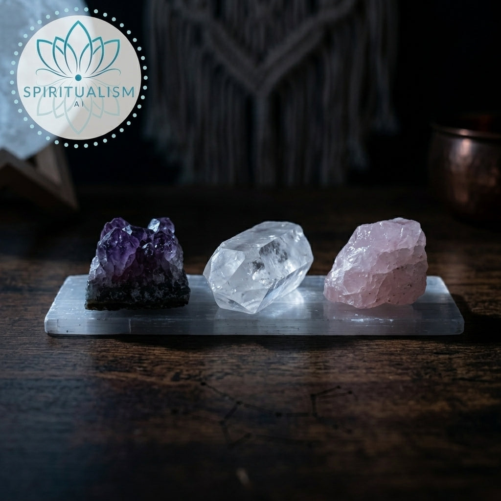 The Inner Light Set | Amethyst, Rose Quartz & Clear Quartz on Selenite Slab | Crystal Gift Set | Stardust Market