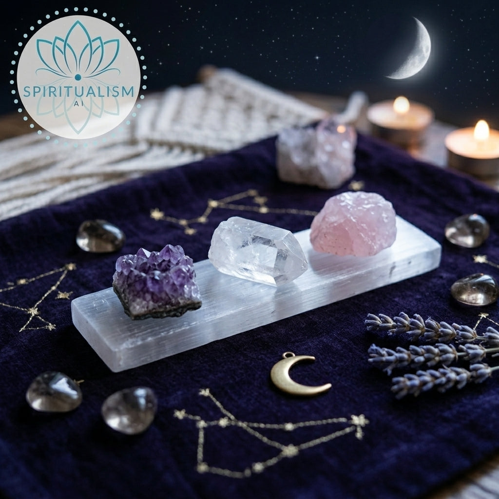 The Inner Light Set | Amethyst, Rose Quartz & Clear Quartz on Selenite Slab | Crystal Gift Set | Stardust Market