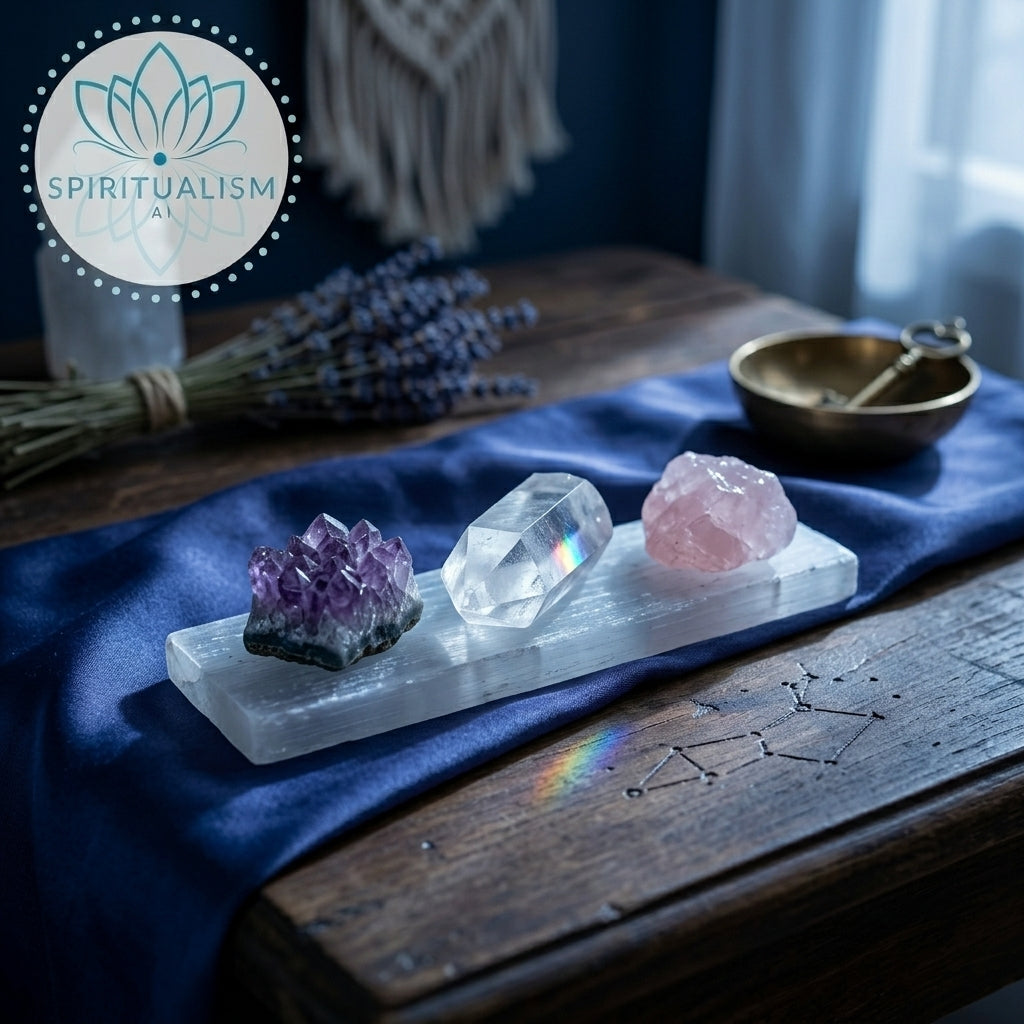 The Inner Light Set | Amethyst, Rose Quartz & Clear Quartz on Selenite Slab | Crystal Gift Set | Stardust Market
