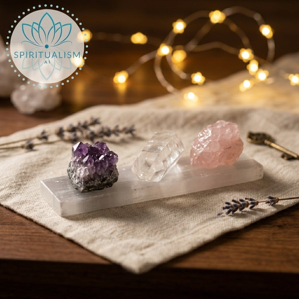 The Inner Light Set | Amethyst, Rose Quartz & Clear Quartz on Selenite Slab | Crystal Gift Set | Stardust Market