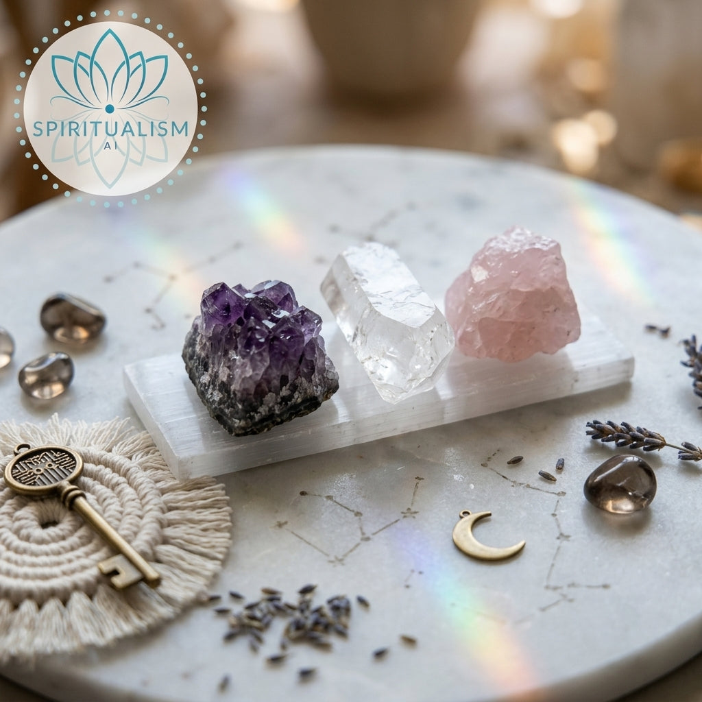 The Inner Light Set | Amethyst, Rose Quartz & Clear Quartz on Selenite Slab | Crystal Gift Set | Stardust Market
