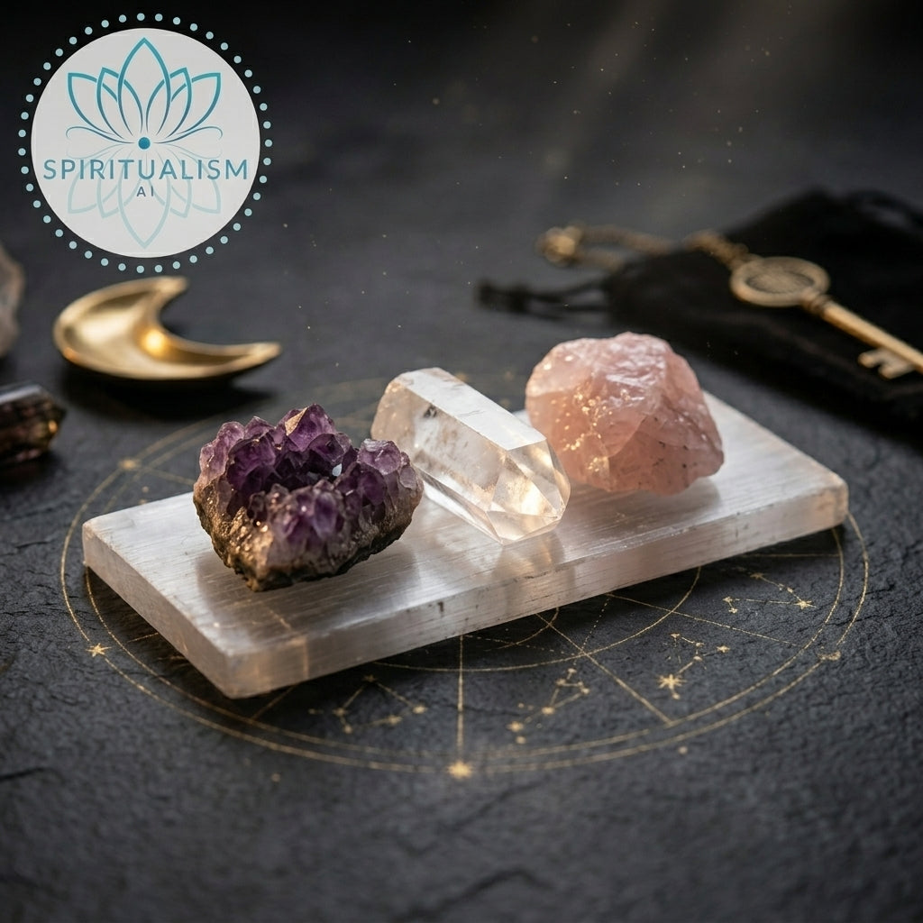 The Inner Light Set | Amethyst, Rose Quartz & Clear Quartz on Selenite Slab | Crystal Gift Set | Stardust Market