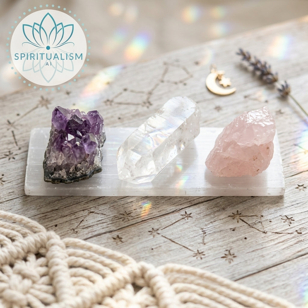 The Inner Light Set | Amethyst, Rose Quartz & Clear Quartz on Selenite Slab | Crystal Gift Set | Stardust Market