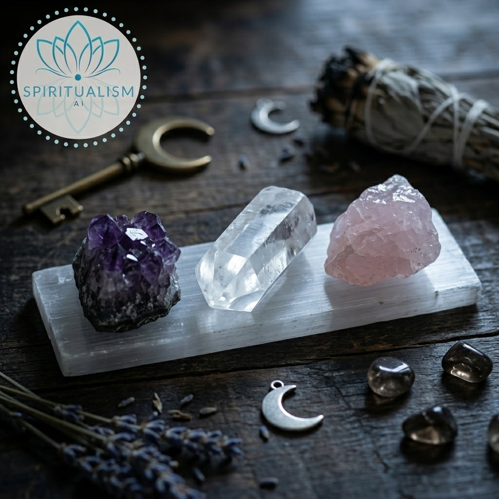 The Inner Light Set | Amethyst, Rose Quartz & Clear Quartz on Selenite Slab | Crystal Gift Set | Stardust Market