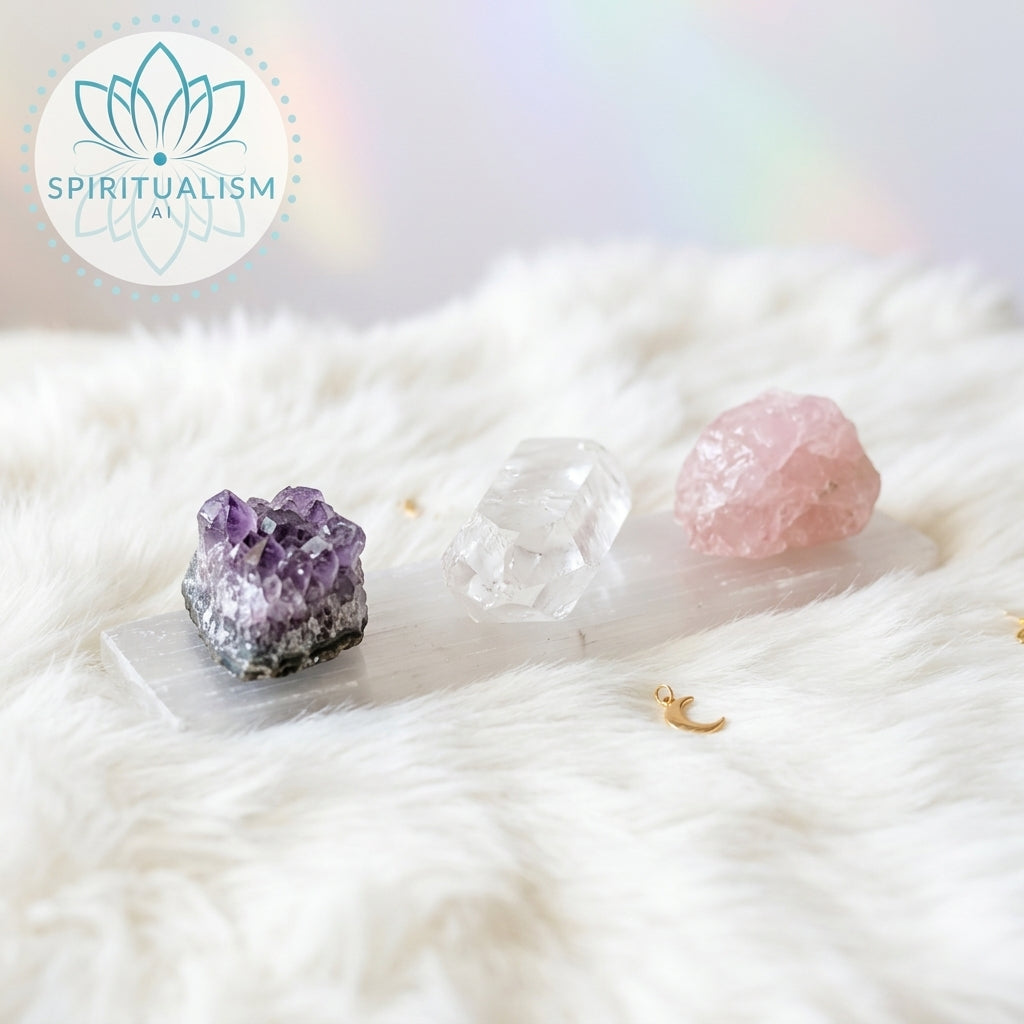The Inner Light Set | Amethyst, Rose Quartz & Clear Quartz on Selenite Slab | Crystal Gift Set | Stardust Market