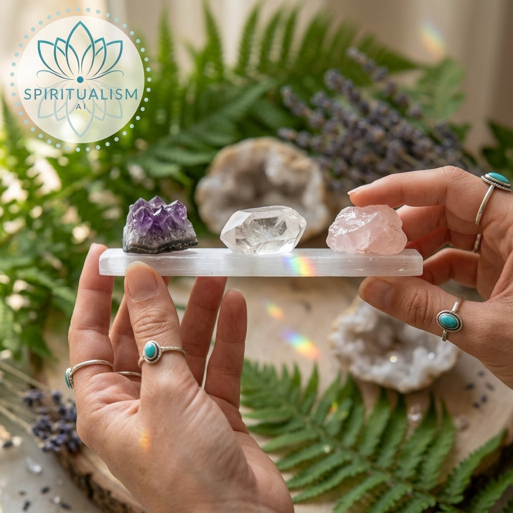 The Inner Light Set | Amethyst, Rose Quartz & Clear Quartz on Selenite Slab | Crystal Gift Set | Stardust Market