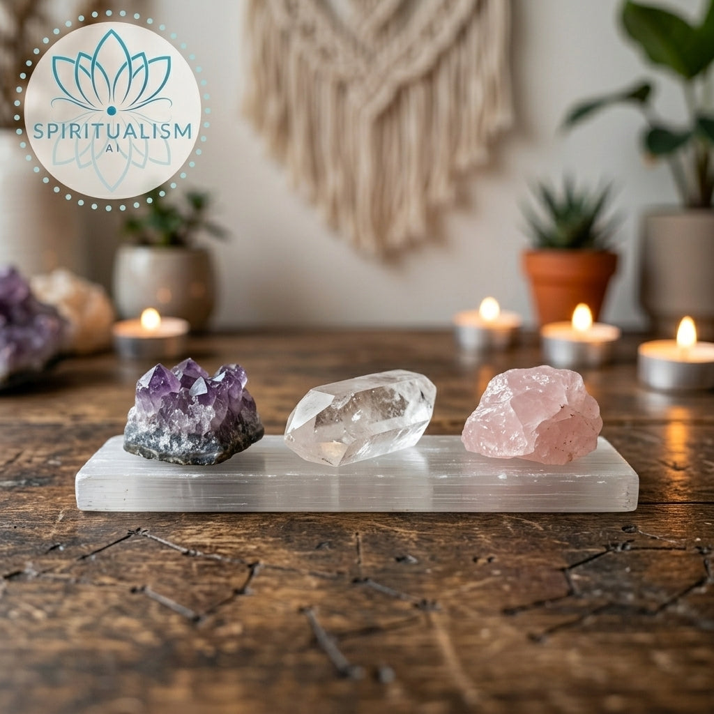 The Inner Light Set | Amethyst, Rose Quartz & Clear Quartz on Selenite Slab | Crystal Gift Set | Stardust Market