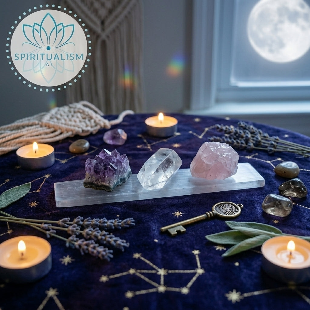 The Inner Light Set | Amethyst, Rose Quartz & Clear Quartz on Selenite Slab | Crystal Gift Set | Stardust Market