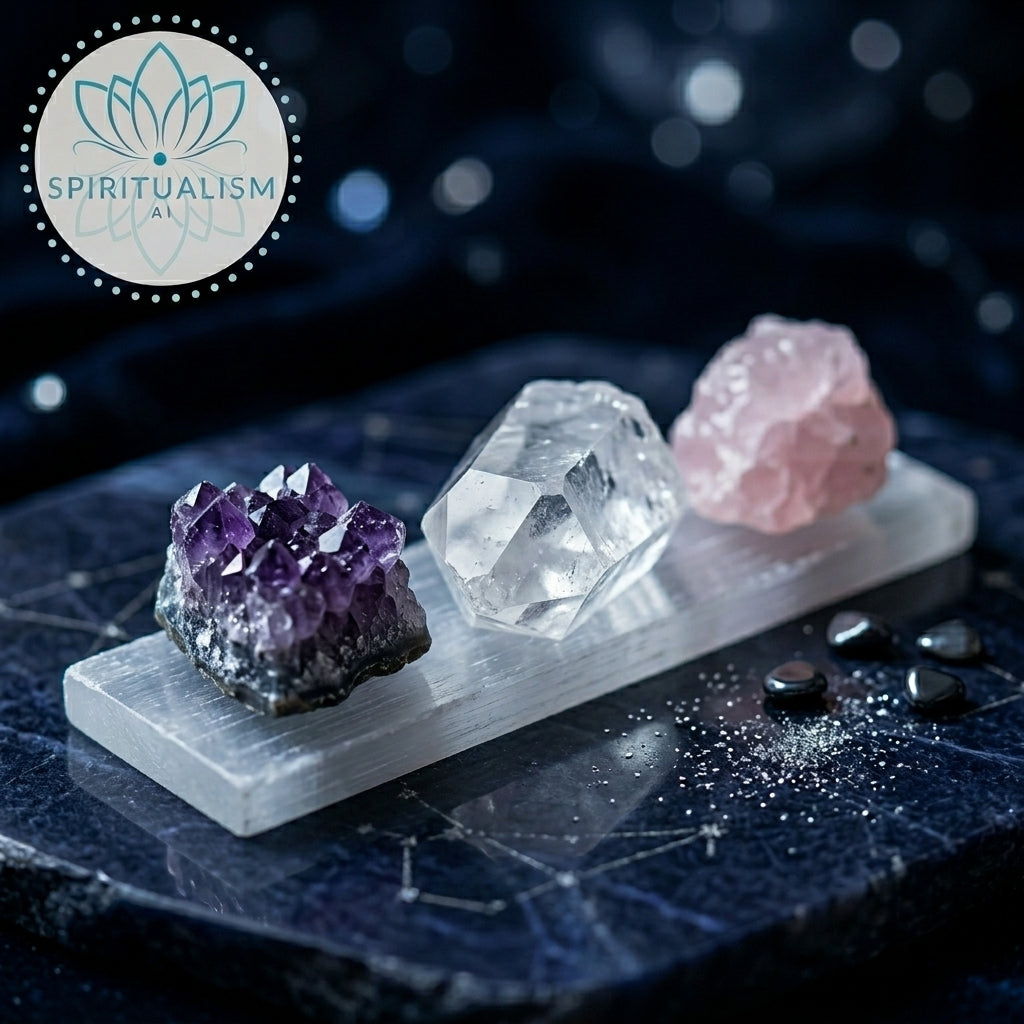The Inner Light Set | Amethyst, Rose Quartz & Clear Quartz on Selenite Slab | Crystal Gift Set | Stardust Market
