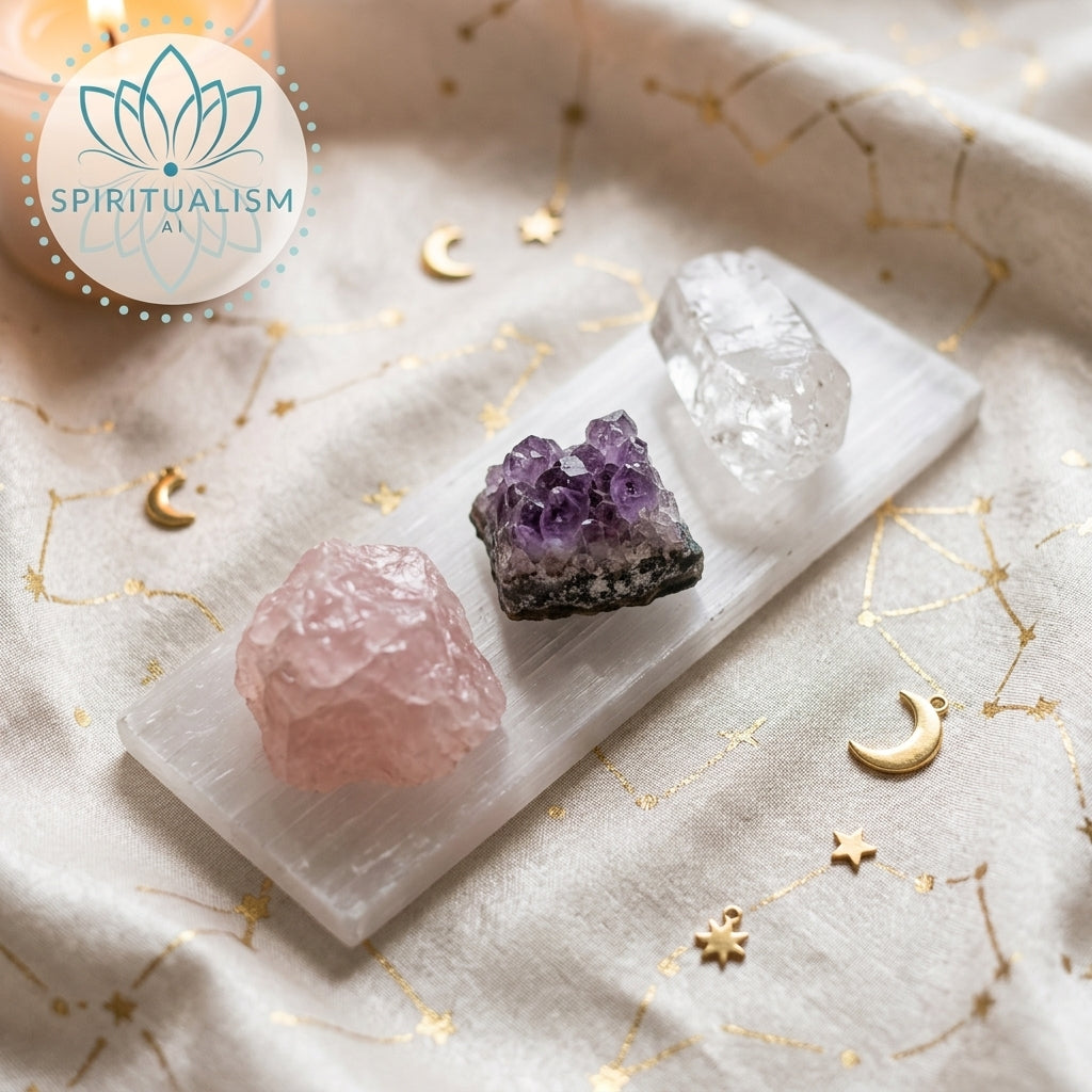 The Inner Light Set | Amethyst, Rose Quartz & Clear Quartz on Selenite Slab | Crystal Gift Set | Stardust Market